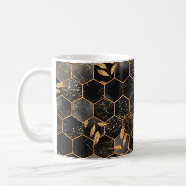 Caneca De Café Textura uniforme de hexágono mármore com folhas de (Esquerda)