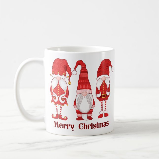 Caneca De Café Three Red Christmas Gnomes Merry Christmas (Esquerda)