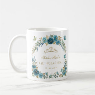 Caneca De Café Tiarra Floral Borboleta Azul Dourado Quinceañera