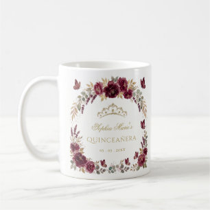 Caneca De Café Tiarra Floral Borboleta Borgonha Dourada Quinceañe