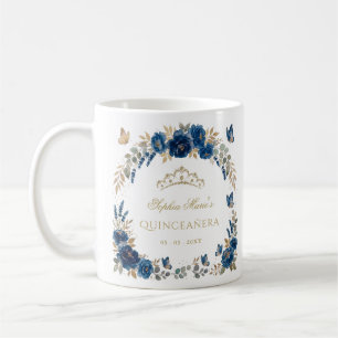 Caneca De Café Tiarra Quinceañera Floral Borboleta Azul Ouro