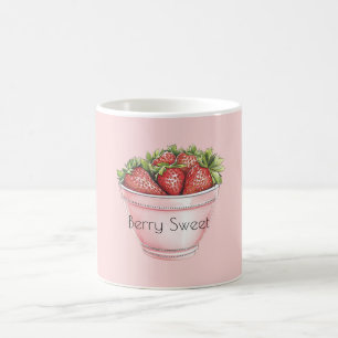 Caneca De Café Tigela de Morangos Rosa Bege Doce Fruta Silvestre
