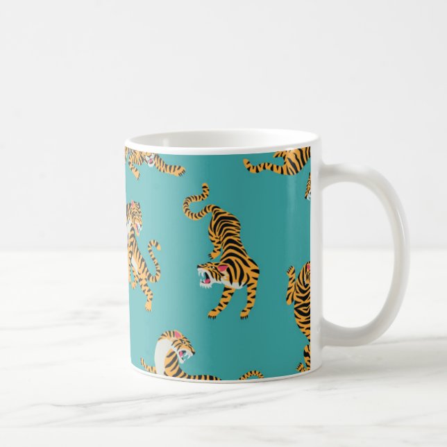 Caneca De Café Tiger sobre o padrão do Teal (Direita)