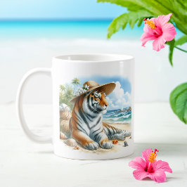 Caneca De Café Tigre de Aquarela de Verão na praia