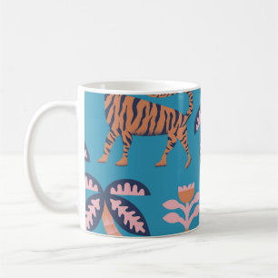 Caneca De Café Tigre retrógrado, palmeira, padrão de flores