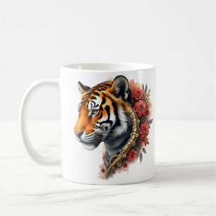Caneca De Café Tigre Steampunk com Ilustração de Rosas.