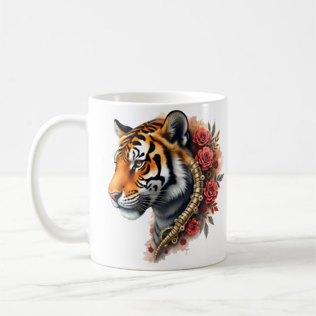 Caneca De Café Tigre Steampunk com Ilustração de Rosas. (Esquerda)