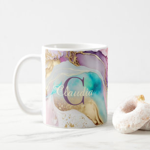 Caneca De Café Tinta Líquida do Mármaco Monograma Elegante