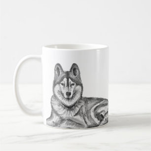 Caneca De Café Tinta preta e branca e Siberiano Husky em aquarela