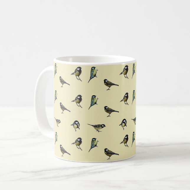 Caneca De Café Tiny Garden Birds Pattern on Beige (Frente Esquerda)
