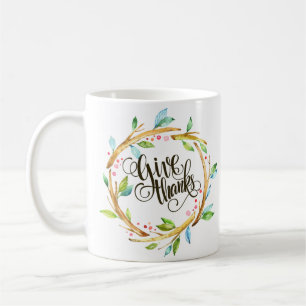 Caneca De Café Tipografia de Ação de Graças Com Coroa de Folhas d