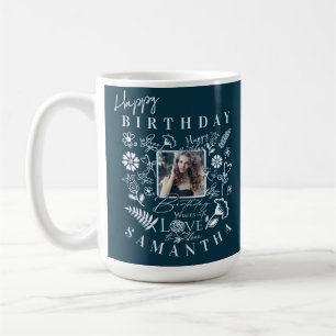 Caneca De Café Tipografia de Foto de Aniversário Floral Moderna D