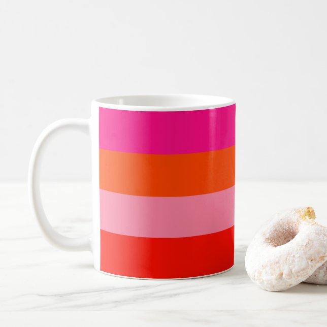 Caneca De Café Tiras cor-de-rosa-quente e laranja-claro (Com Donut)
