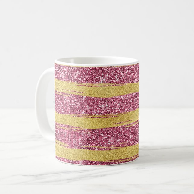 Caneca De Café Tiras de Gliteria Cinzentas Douradas Rosa (Frente Esquerda)