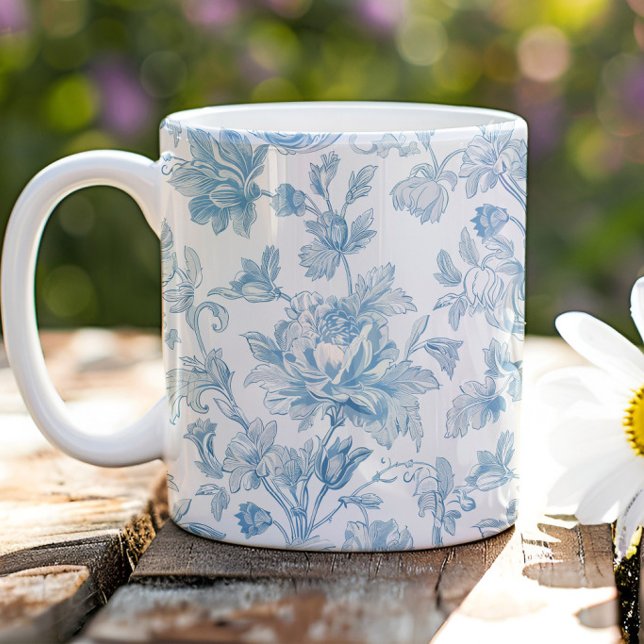 Caneca De Café Toile-de-jouy Chinoiseries Blue Floral Pattern (Criador carregado)