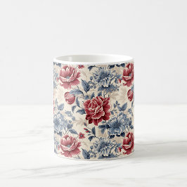 Caneca De Café Toile francesa & Toile de Jouy rosas azuis e verme