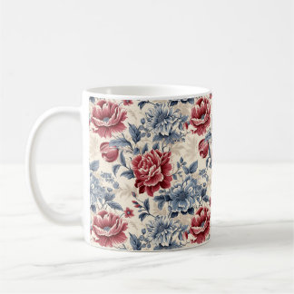 Caneca De Café Toile francesa & Toile de Jouy rosas azuis e verme