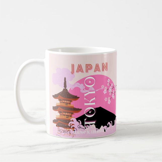 Caneca De Café Tóquio Japão Viagem Art, Retro-Viagem Art, Rosa (Esquerda)