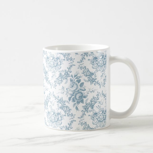 Caneca De Café Torno Floral Branco e Azul gravado Elegante (Direita)