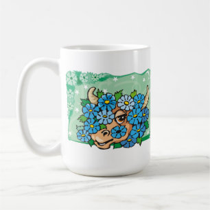 Caneca De Café Touro Floral Taurus com Flores Azuis