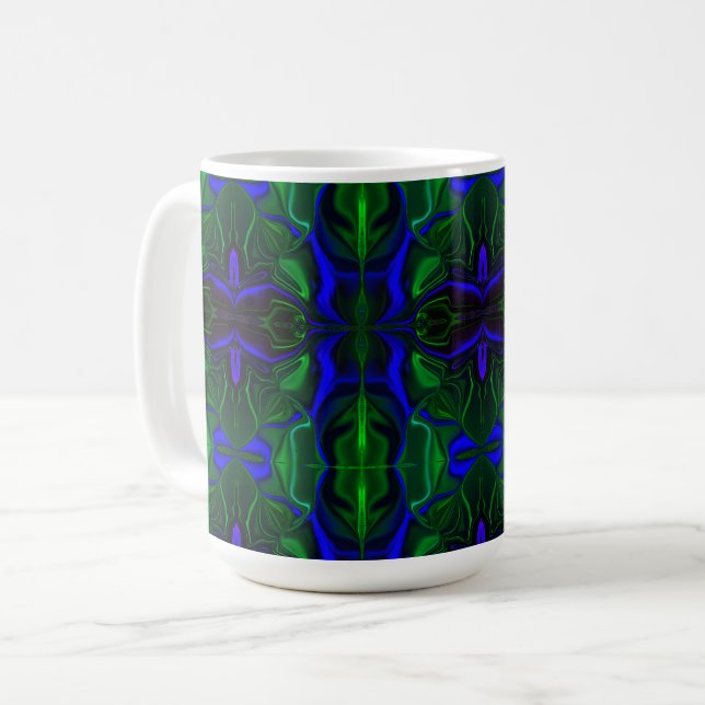 Caneca De Café Traços azuis é 'flutu ando' sobre fundo. (Frente Esquerda)