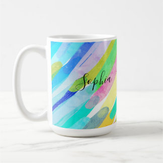Caneca De Café Traços Coloridos Diagonais, Nome, Arte Abstrata do