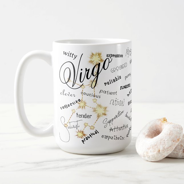 Caneca De Café Traços de Astronomia do Zodíaco de Virgem Texto da (Virgo Traits & Constellation. Ponder your unique traits as you  sip your coffee, tea, or chocolate.)