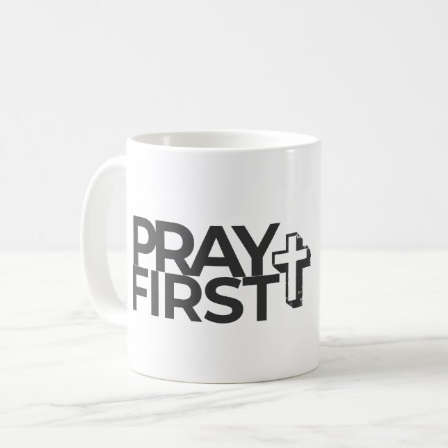 Caneca De Café Travesseiro de Citação de Fé 'Ore Primeiro' para C (Frente Esquerda)