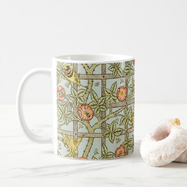 Caneca De Café Treliça por William Morris, Têxtil de Jardim Vinta (Com Donut)