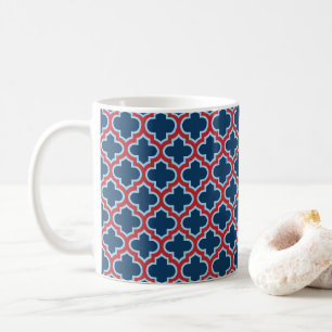 Caneca De Café Trellis, Latice, Quatrefoil, azul e vermelho marro