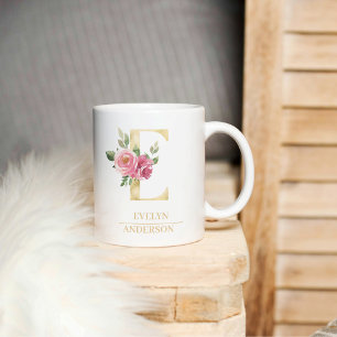 Caneca De Café Trendente Dourada Watercolor Flower - Letra E   Mo