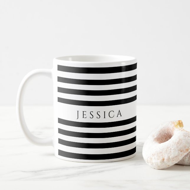Caneca De Café Trendy Black & White Stripes Nome Padrão Café M (Com Donut)