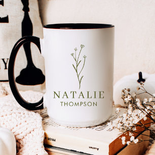 Caneca De Café Trendy Boho Chic Olive Green Flower Personalizada