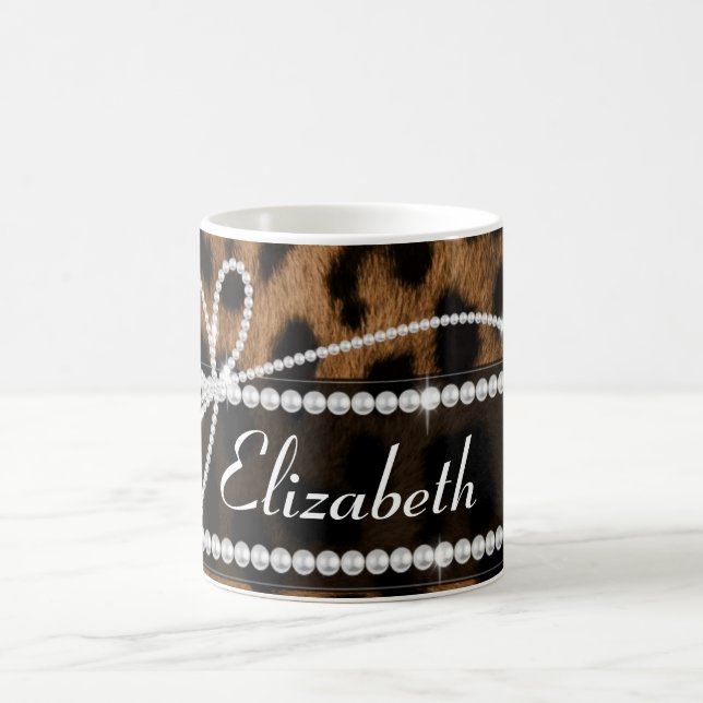 Caneca De Café Trendy chic girly faux marrom leopardo negro (Centro)