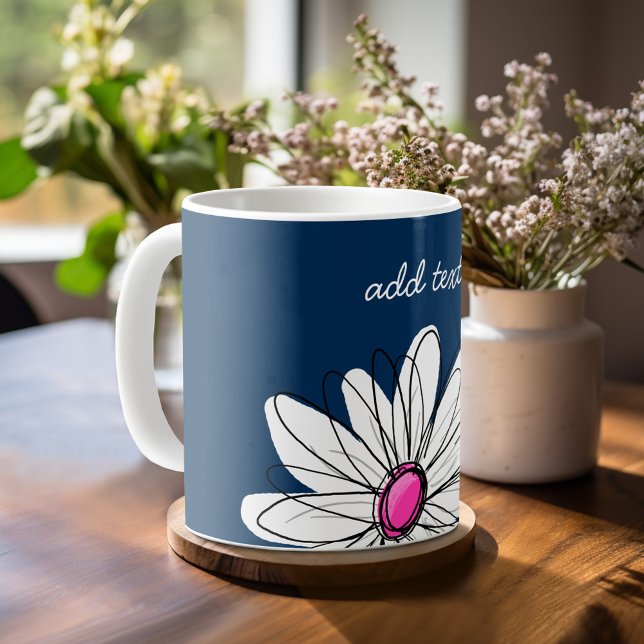 Caneca De Café Trendy Daisy Floral Illustração - marinho e rosa (Personalized Mug)