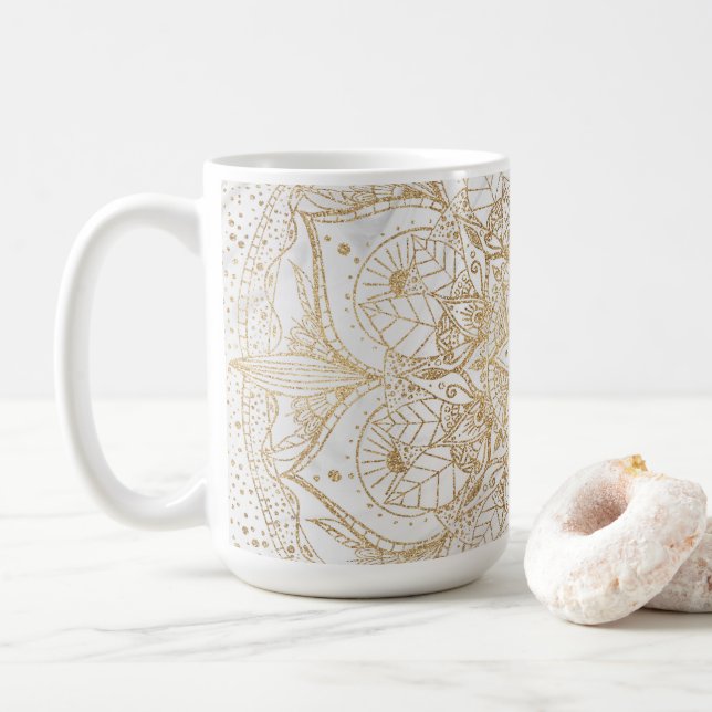 Caneca De Café Trendy Dourada Floral Mandala Marble Design (Com Donut)
