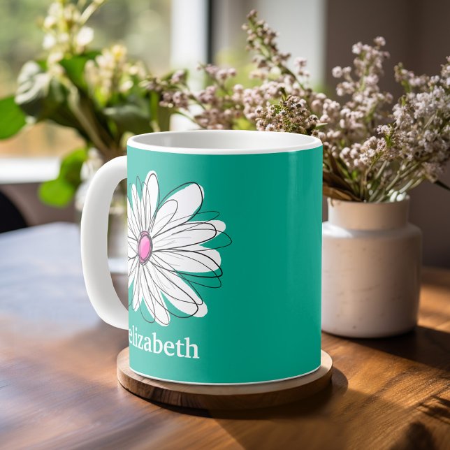 Caneca De Café Trendy Floral Daisy Illustration - Rosa e Verde (Mug template with a place for a name - whimsical daisy)