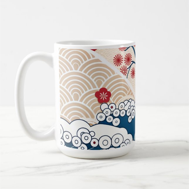 Caneca De Café Trendy Modern Japanese Wave & Sakura Pattern  (Esquerda)