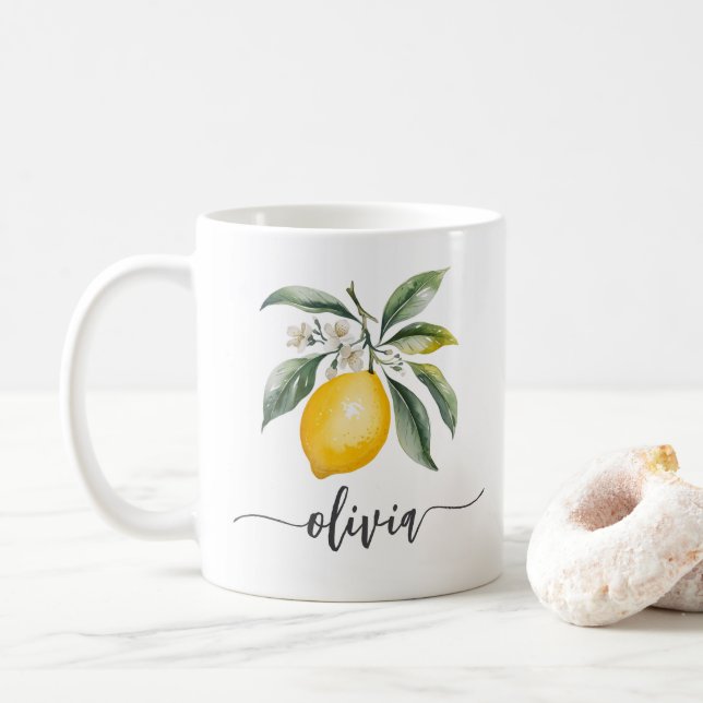 Caneca De Café Trendy Modern Personalised Watercolor Lemon Amarel (Com Donut)