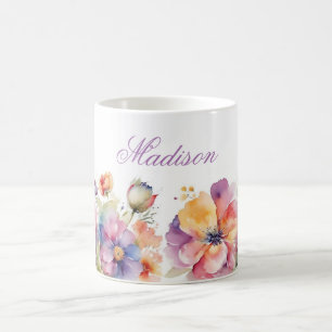 Caneca De Café Trendy Watercolor Wildflower Name Personalizado
