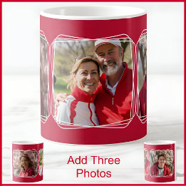 Caneca De Café Três Colagem de Fotos Moderno Vermelho C81 & Branc