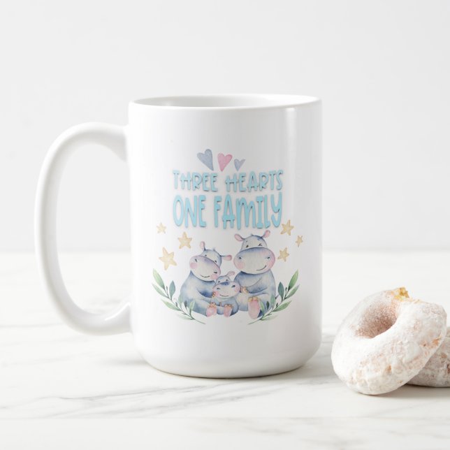Caneca De Café Três Corações Uma Família Cute Hippos Azul (Com Donut)