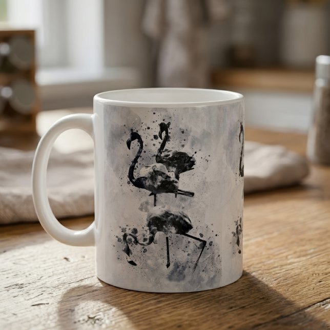 Caneca De Café Três Flamingos Preto e Branco Aquarela (Three Flamingos Black and White Watercolor. Coffee Mug)