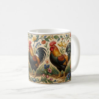 Caneca De Café Três galos em um jardim florido