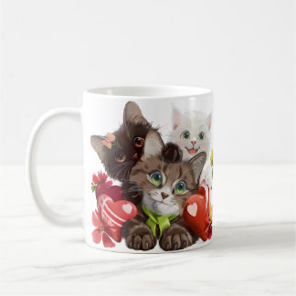 Caneca De Café Três gatinhos e corações
