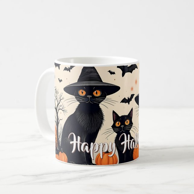 Caneca De Café Três Gatos Pretos com Chapéus no Halloween (Frente Esquerda)