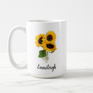 Caneca De Café Três Girassóis Amarelos em Vaso Personalizado