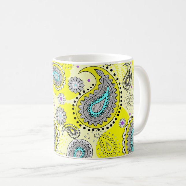 Caneca De Café Tribal Paisley Pattern Lemon Yellow Turquoise (Frente Esquerda)