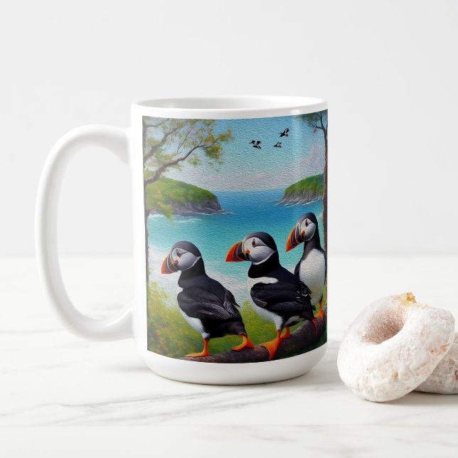 Caneca De Café Trio Costeiro: Três Puffins na Praia em Óleos (Com Donut)