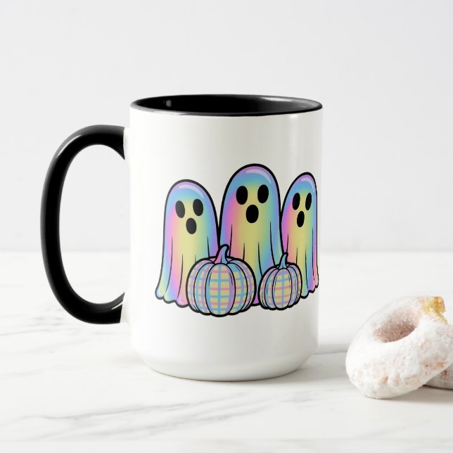 Caneca de Café Trio de Fantasmas Fofos de Hallowee (Com Donut)